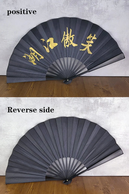 black-faced large folding fan, Chinese printed golden dragon fan, home decorations, wedding Daily use dance gift Hand fan 33cm