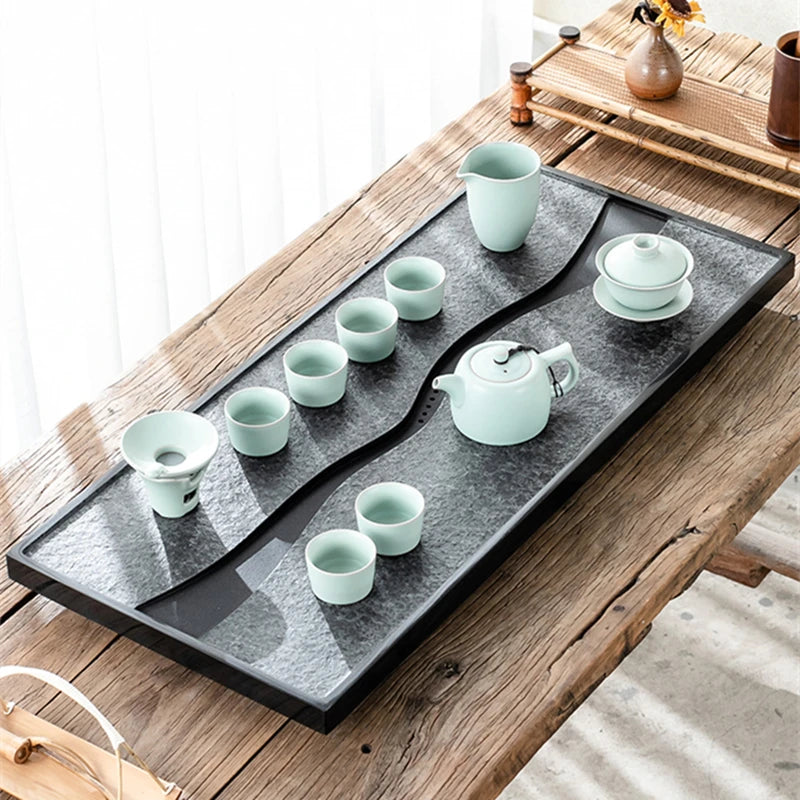 black stone tea tray hand carved weighted tea table for kungfu tea set water draining serving trays multi size for business new