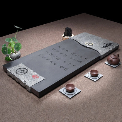 black stone tea tray heavy calligraphy engraved tea table weighted water draining tea boat serving tray multi-size Chinese trays