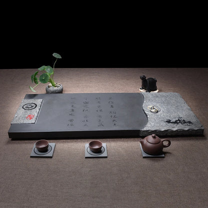 black stone tea tray heavy calligraphy engraved tea table weighted water draining tea boat serving tray multi-size Chinese trays