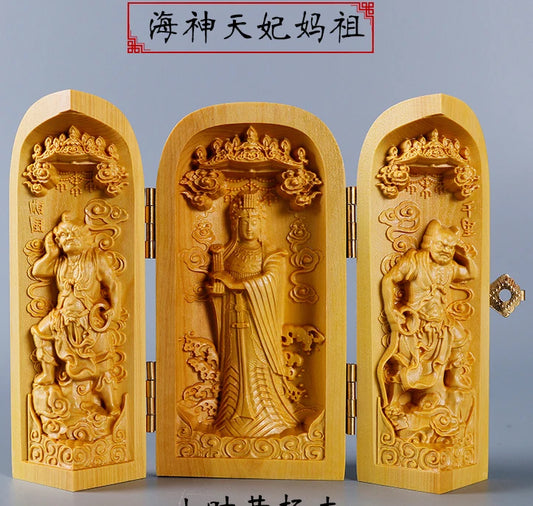 bless family Safety Health luck Talisman home efficacious Protection Sea Goddess Meizhou Mazu wood Carving statue small niche