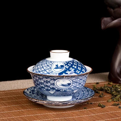 blue-and-white porcelain gaiwan China tureen 140ml Chinese ceramic tea bowl cup saucer lid Jingdezhen gaiwan cup bowl tea brewer