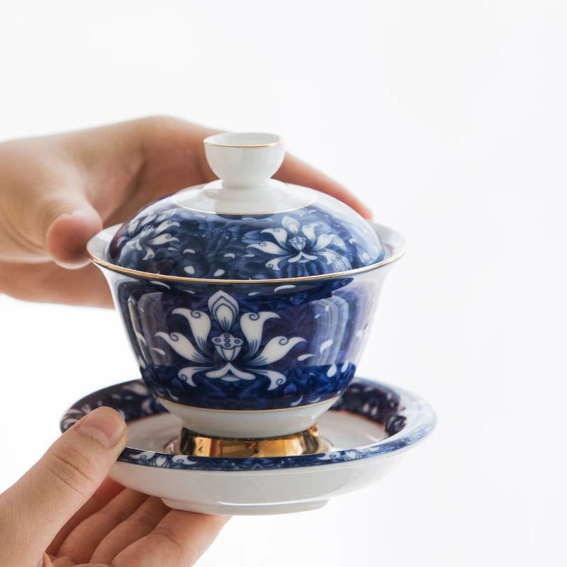 blue-and-white porcelain gaiwan Jingdezhen glaze covered bowl set with cup saucer lid Chinese tureen tea bowls on sales