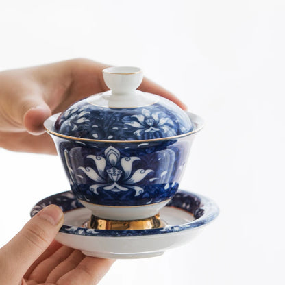 blue-and-white porcelain gaiwan Jingdezhen glaze covered bowl set with cup saucer lid Chinese tureen tea bowls on sales