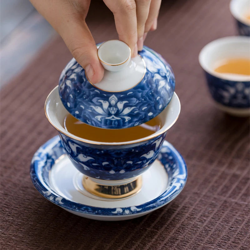 blue-and-white porcelain gaiwan Jingdezhen glaze covered bowl set with cup saucer lid Chinese tureen tea bowls on sales