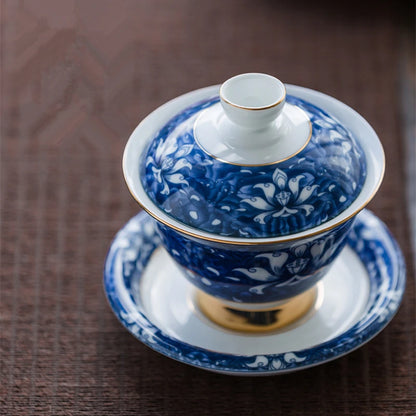blue-and-white porcelain gaiwan Jingdezhen glaze covered bowl set with cup saucer lid Chinese tureen tea bowls on sales