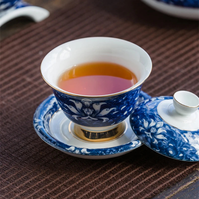 blue-and-white porcelain gaiwan Jingdezhen glaze covered bowl set with cup saucer lid Chinese tureen tea bowls on sales
