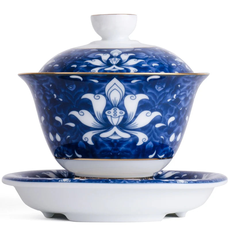 blue-and-white porcelain gaiwan Jingdezhen glaze covered bowl set with cup saucer lid Chinese tureen tea bowls on sales