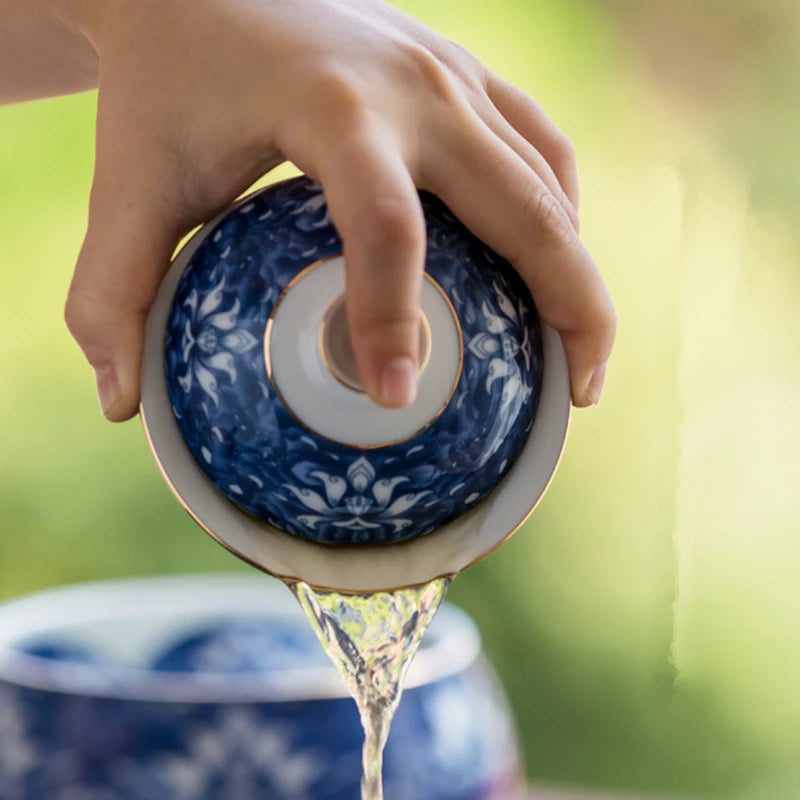 blue-and-white porcelain gaiwan Jingdezhen glaze covered bowl set with cup saucer lid Chinese tureen tea bowls on sales