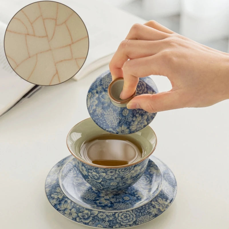 blue-and-white porcelain gaiwan crackle glaze tureen SanCai bowl cup saucer coaster lid antique style