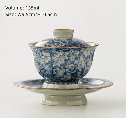 blue-and-white porcelain gaiwan crackle glaze tureen SanCai bowl cup saucer coaster lid antique style