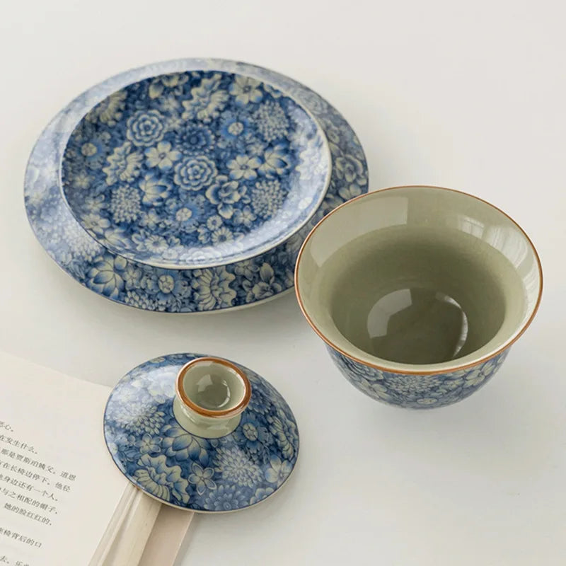 blue-and-white porcelain gaiwan crackle glaze tureen SanCai bowl cup saucer coaster lid antique style