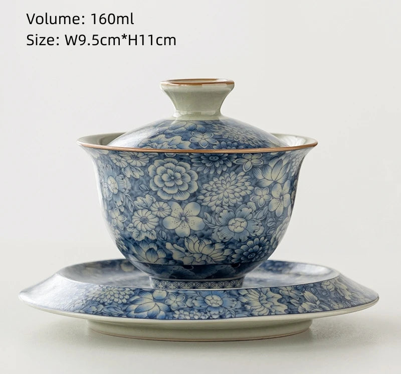 blue-and-white porcelain gaiwan crackle glaze tureen SanCai bowl cup saucer coaster lid antique style