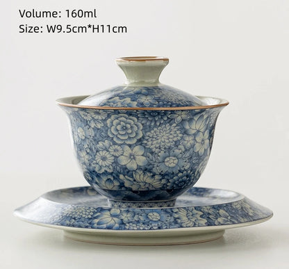 blue-and-white porcelain gaiwan crackle glaze tureen SanCai bowl cup saucer coaster lid antique style
