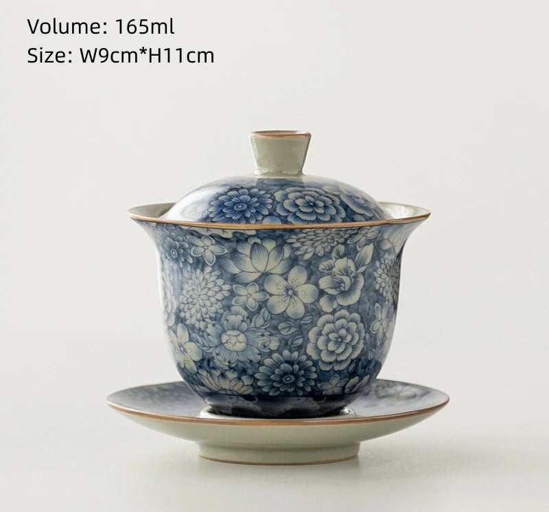 blue-and-white porcelain gaiwan crackle glaze tureen SanCai bowl cup saucer coaster lid antique style