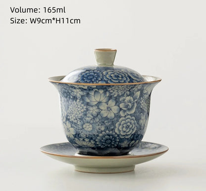 blue-and-white porcelain gaiwan crackle glaze tureen SanCai bowl cup saucer coaster lid antique style