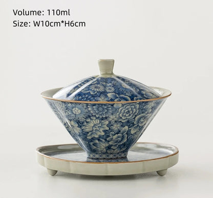 blue-and-white porcelain gaiwan crackle glaze tureen SanCai bowl cup saucer coaster lid antique style