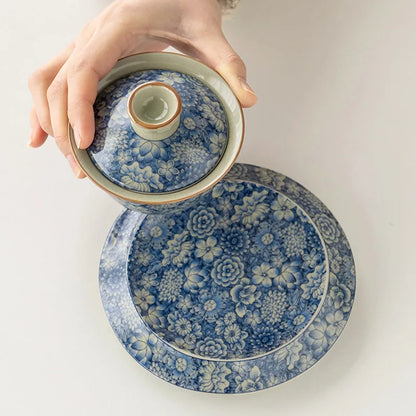 blue-and-white porcelain gaiwan crackle glaze tureen SanCai bowl cup saucer coaster lid antique style