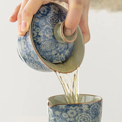 blue-and-white porcelain gaiwan crackle glaze tureen SanCai bowl cup saucer coaster lid antique style