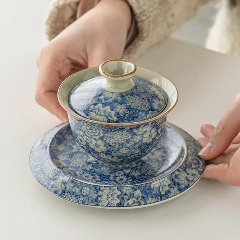 blue-and-white porcelain gaiwan crackle glaze tureen SanCai bowl cup saucer coaster lid antique style