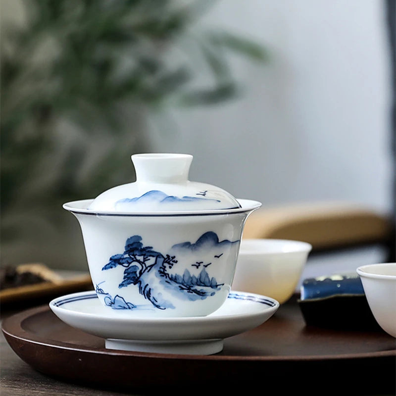 blue-and-white porcelain gaiwan mountain river print covered bowl Sancai bowl with cover cup coaster saucer lid in China 180ml