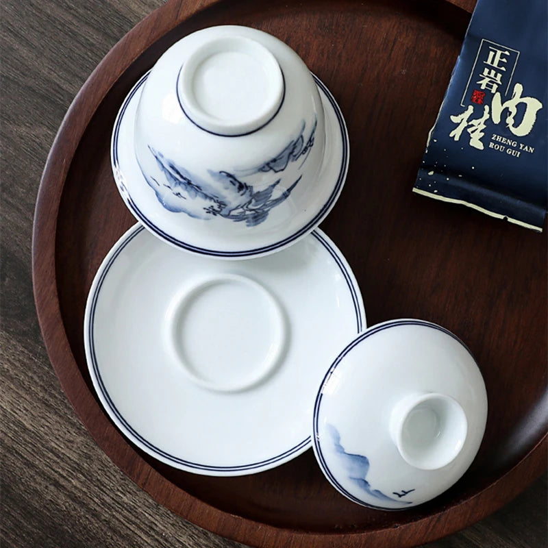 blue-and-white porcelain gaiwan mountain river print covered bowl Sancai bowl with cover cup coaster saucer lid in China 180ml