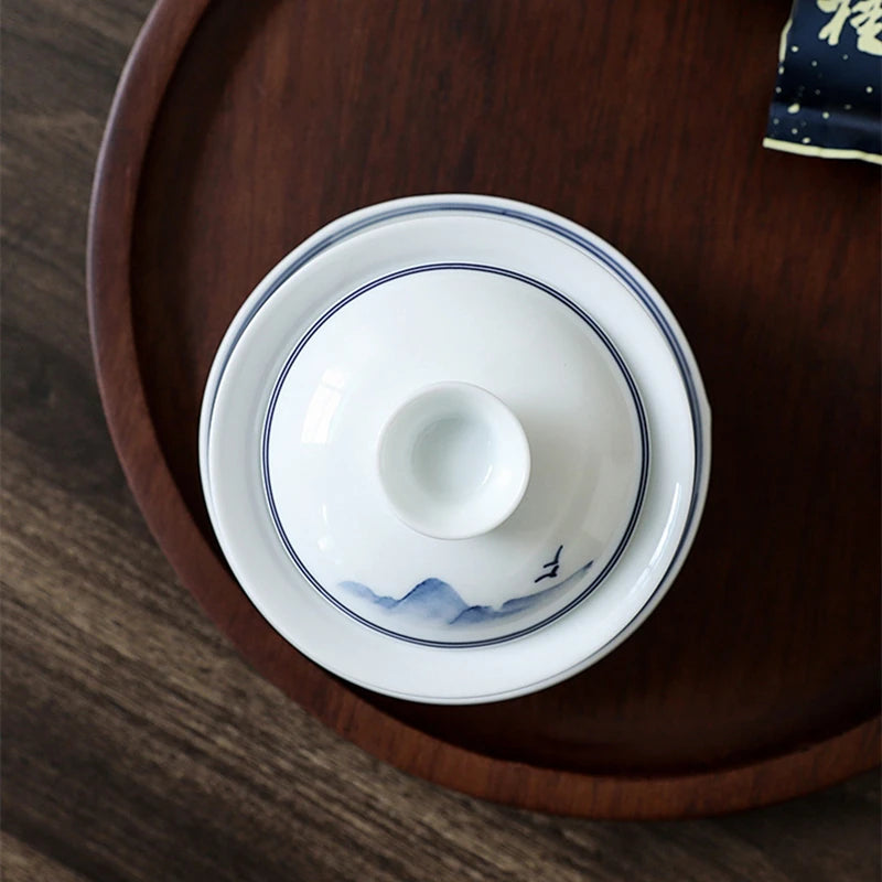blue-and-white porcelain gaiwan mountain river print covered bowl Sancai bowl with cover cup coaster saucer lid in China 180ml