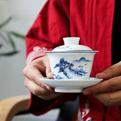 blue-and-white porcelain gaiwan mountain river print covered bowl Sancai bowl with cover cup coaster saucer lid in China 180ml
