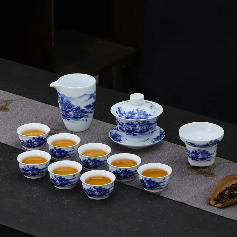 blue-and-white porcelain tea set mountain-river print complete teasets ceramic tea pot gaiwan tureen matching cup filter net