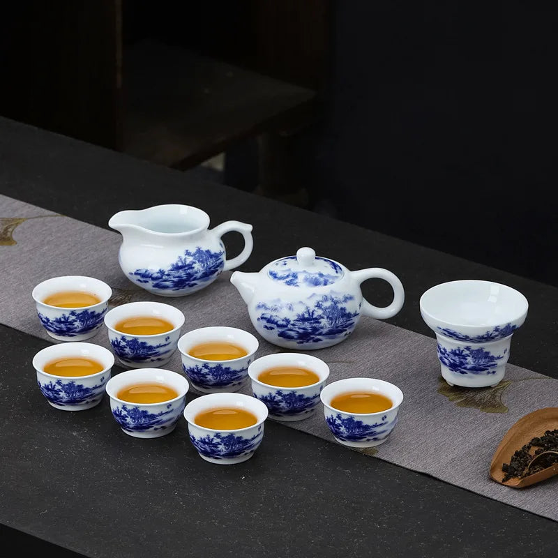 blue-and-white porcelain tea set mountain-river print complete teasets ceramic tea pot gaiwan tureen matching cup filter net