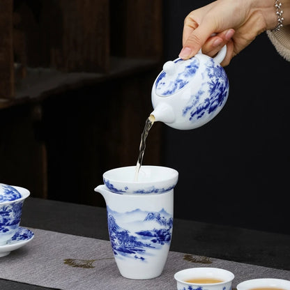 blue-and-white porcelain tea set mountain-river print complete teasets ceramic tea pot gaiwan tureen matching cup filter net