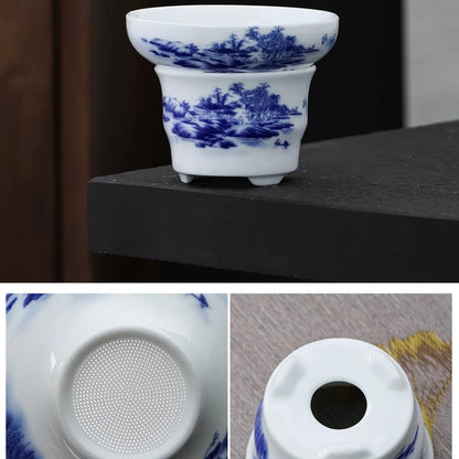 blue-and-white porcelain tea set mountain-river print complete teasets ceramic tea pot gaiwan tureen matching cup filter net