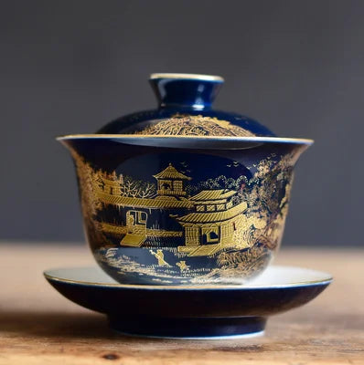 blue sketch gaiwan porcelain blue glaze China cup bowl saucer Chinese tureen ceramic kungfu tea set tea bowls lid on sales