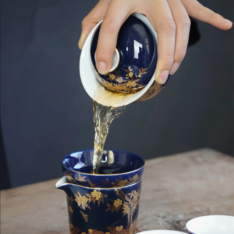 blue sketch gaiwan porcelain blue glaze China cup bowl saucer Chinese tureen ceramic kungfu tea set tea bowls lid on sales