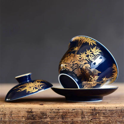 blue sketch gaiwan porcelain blue glaze China cup bowl saucer Chinese tureen ceramic kungfu tea set tea bowls lid on sales