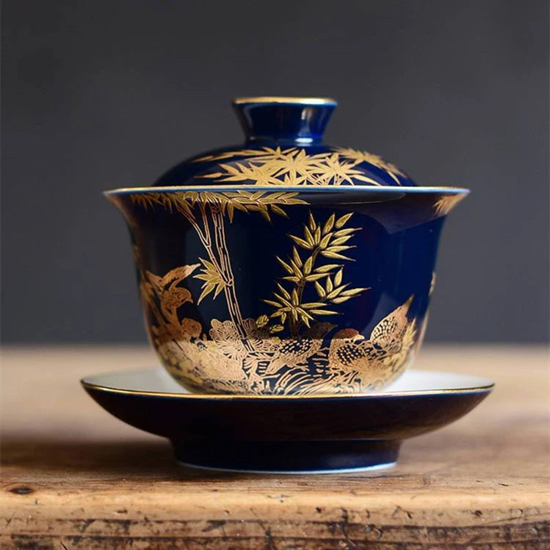 blue sketch gaiwan porcelain blue glaze China cup bowl saucer Chinese tureen ceramic kungfu tea set tea bowls lid on sales