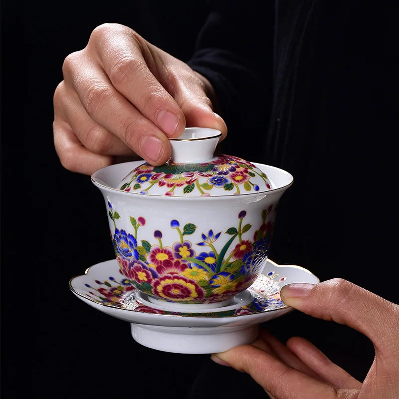boutique gaiwan Jingdezhen color enamel craft cup bowl saucer lid floral handpainted covered bowls China tureen 200ml