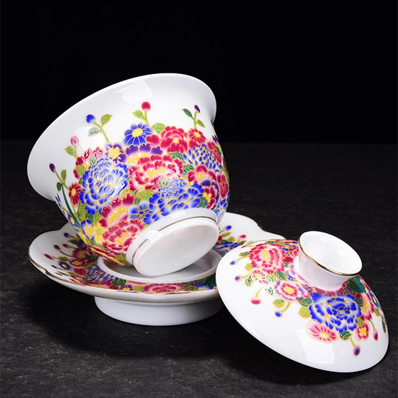 boutique gaiwan Jingdezhen color enamel craft cup bowl saucer lid floral handpainted covered bowls China tureen 200ml