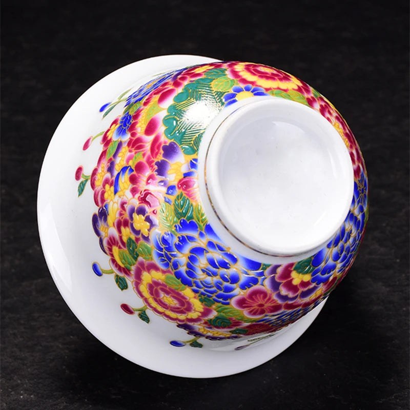 boutique gaiwan Jingdezhen color enamel craft cup bowl saucer lid floral handpainted covered bowls China tureen 200ml