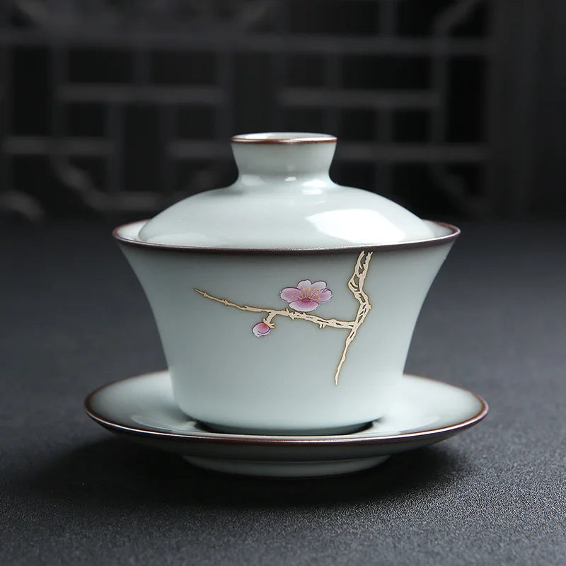 boutique gaiwan porcelain tureen with cup saucer coaster ceramic covered bowl with lid guan yao craft Chinese cup bowl on sales