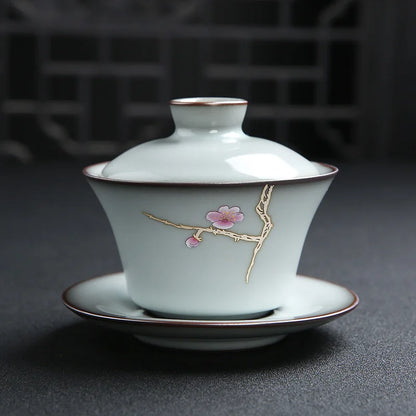 boutique gaiwan porcelain tureen with cup saucer coaster ceramic covered bowl with lid guan yao craft Chinese cup bowl on sales
