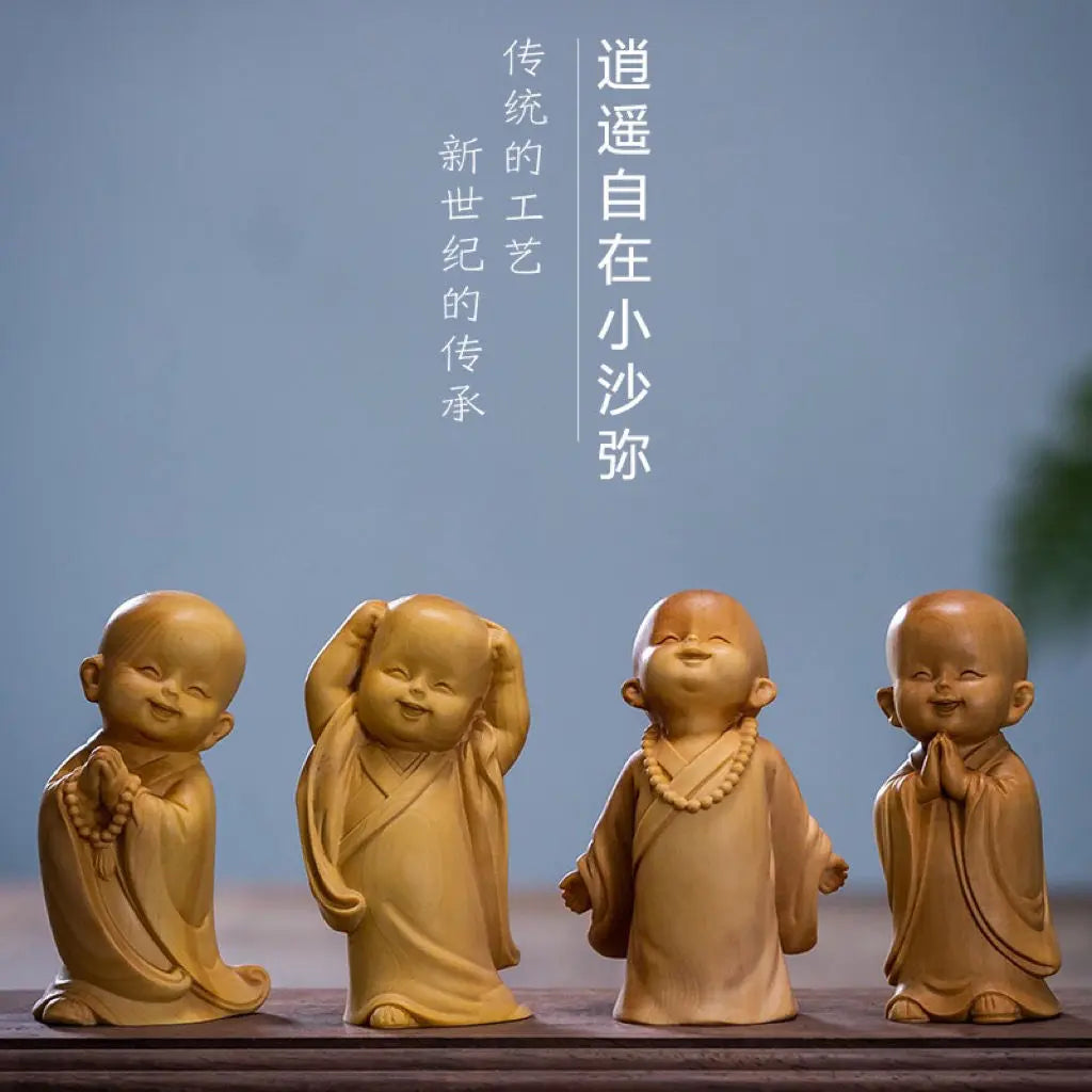 boxwood carving handlebars, Sanbu Monk's living room decoration, carving handicrafts, Zen Buddhist character car decorati