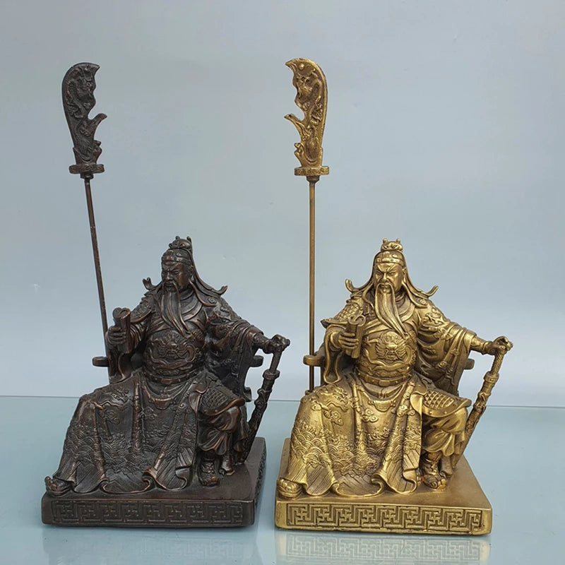 bronze Statue of Guan Gong, The Incarnation of Chinese Justice Stick Knife Stroke Sword On Dragon Chair