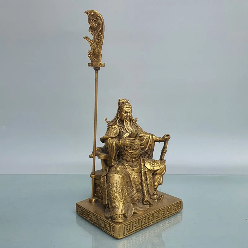 bronze Statue of Guan Gong, The Incarnation of Chinese Justice Stick Knife Stroke Sword On Dragon Chair