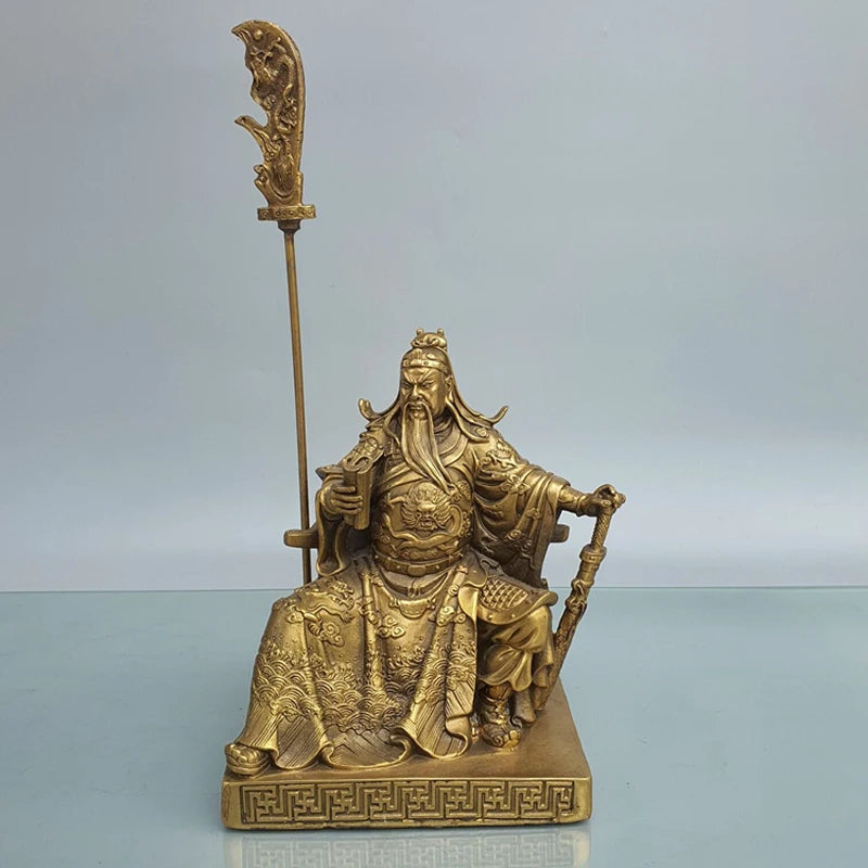 bronze Statue of Guan Gong, The Incarnation of Chinese Justice Stick Knife Stroke Sword On Dragon Chair