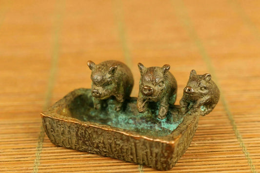 bronze hand casting three pig propitious statue netsuke table decoration