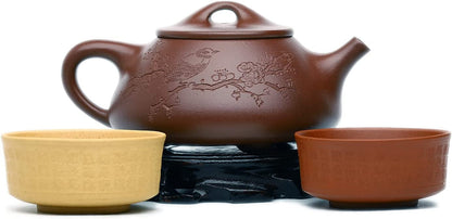 Zisha Teapot Set,Chinese Yixing Clay Handmade Filter Tea Pot 9.5 Oz/280 cc with 2 Teacups,Masterpiece Kungfu Tea Set