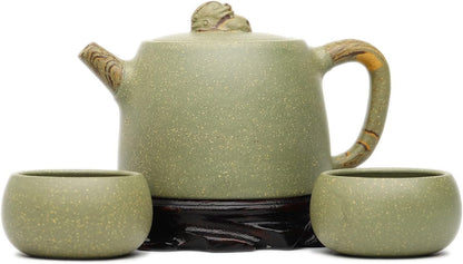 Zisha Hu - Lucky Handuo 9.8oz,Genuine Yixing Cyan Clay Teapot with 2 Cups, Chinese Craftswomen Handmade Infuse Brew Kung Fu Tea Pot Set