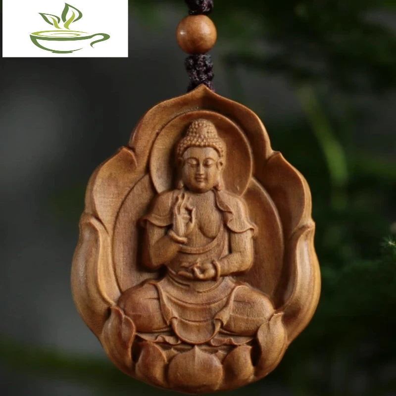 Green sandalwood carved Buddha statue pendant Chinese zodiac life Buddha necklace Bodhisattva universal guardian god pendant