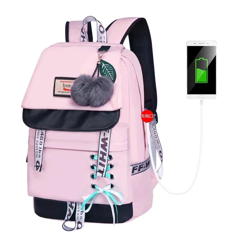 children bags for girls cute pink bag korean style bowknot fur ball girl school backpack bookbag